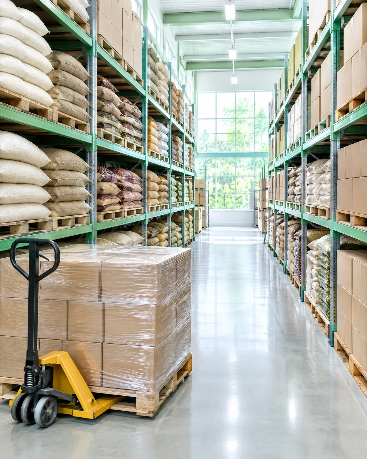 Estoque de alimentos organizado em prateleiras