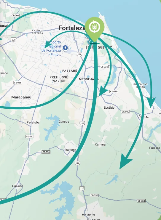 Mapa de Fortaleza com as rotas de entrega da New Alimentos
